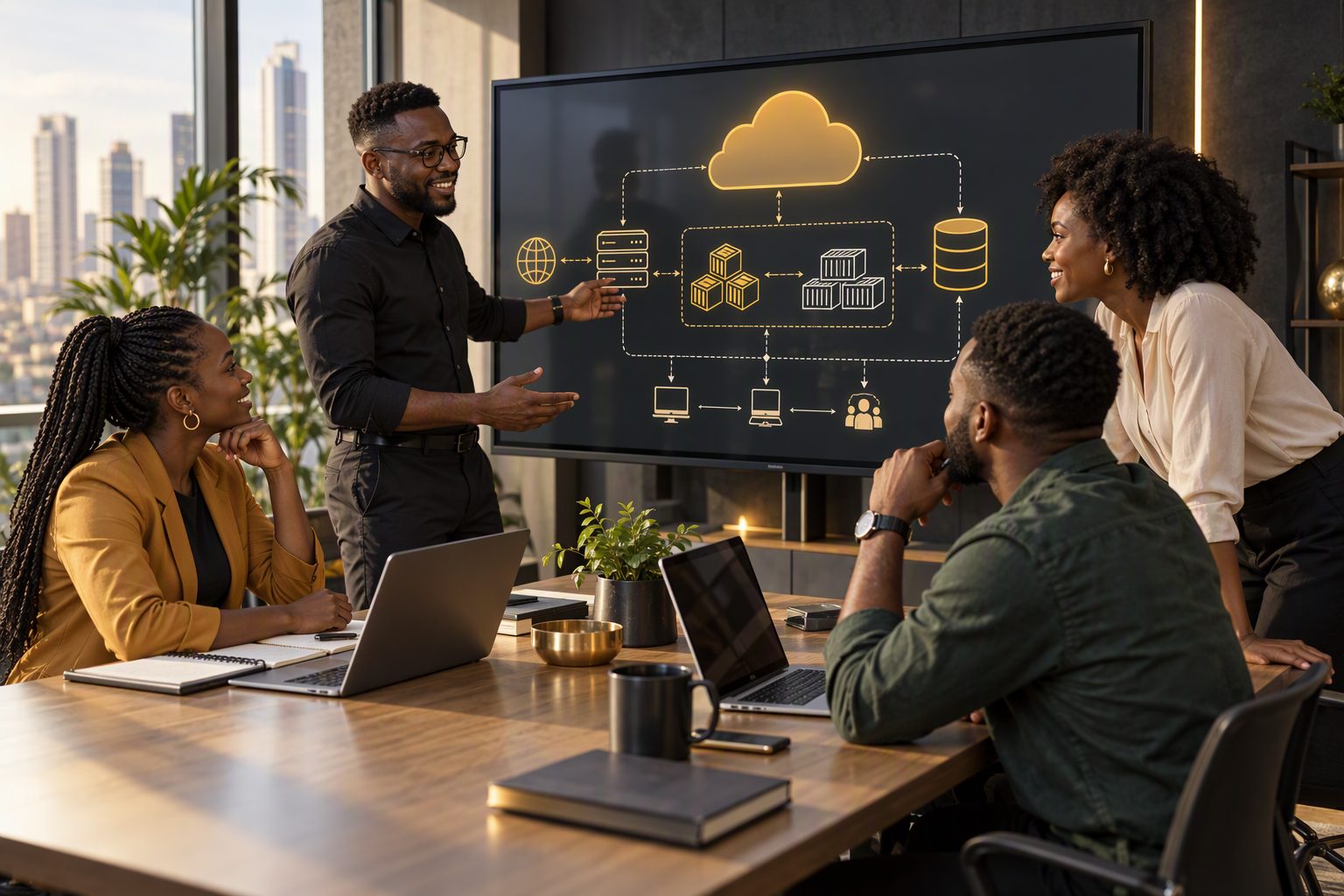 The Oasis Hive team reviewing a cloud architecture with a client